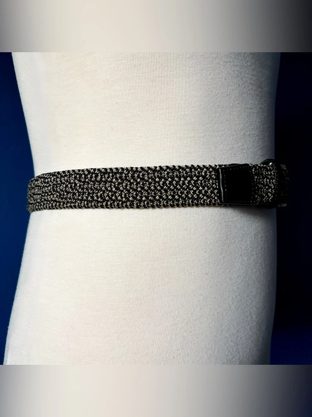 Greg Norman Blue Grey Stretch Belt 34 Black Leather Silver Buckle Logo Golf